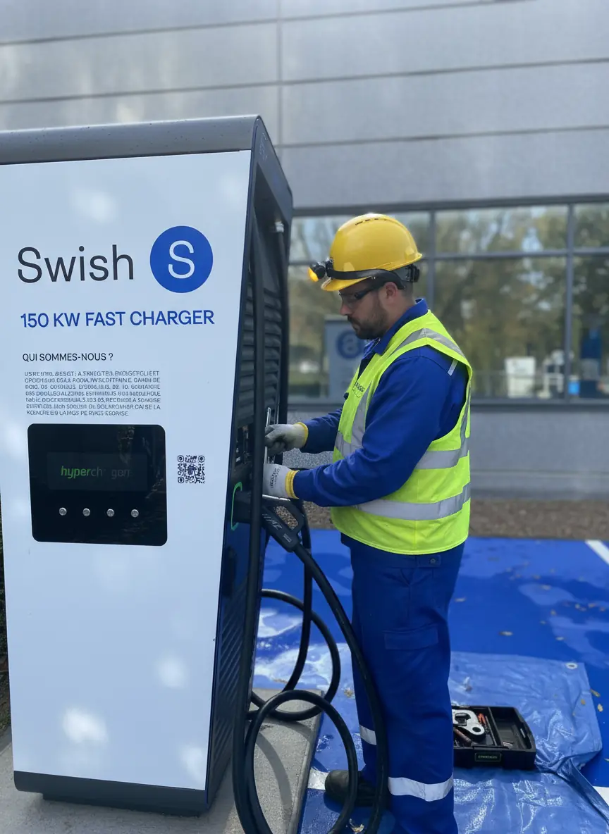 Un technicien installe une borne de recharge DC Swish sur le parking extérieur de bureaux.