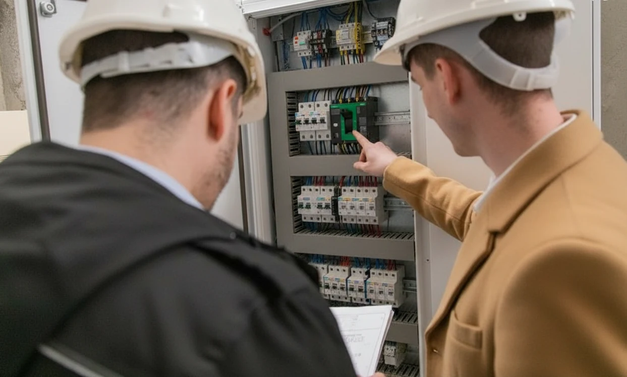 Consulenti di manutenzione ispezionano un'installazione di ricarica elettrica.